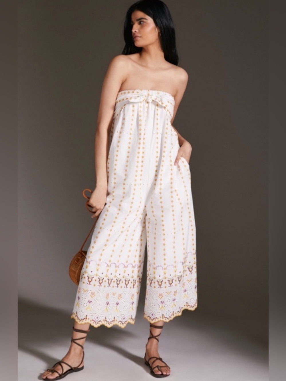 By Anthropologie Strapless Eyelet Jumpsuit White Multi Embroidered 4
